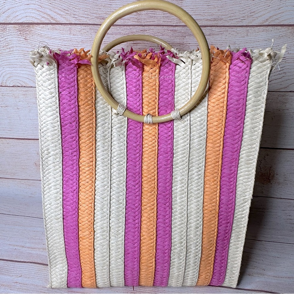 Shiraleah Beltran Striped Raffia Straw Boho Beach Tote Purse Wood Handles